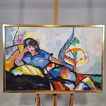 Acryl schilderij, Maya Wildevuur, Liggende vrouw, 1987