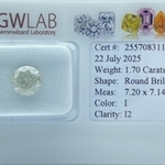 Natuurlijke diamant – 1,70ct, Round Brilliant, I, 2025