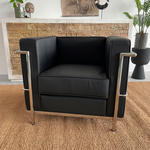 Corbusier LC2 fauteuil in echt zwart leer, Zwart / Chroom