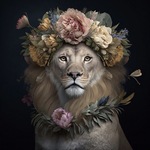 Schilderij gehard glas, leeuw bloemenkrans