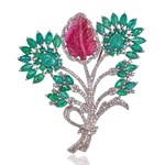 Bloem broche met natuurlijke diamanten en edelstenen