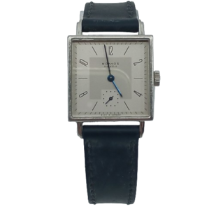 Dames polshorloge met zwart lederen band, Nomos, Duitsland, model Glas