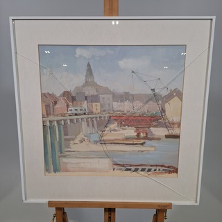 Schilderij, G. Boosten, Storten van putten Wilhelminabrug, 1958