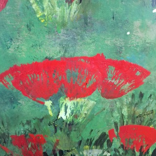 Acryl schilderij, Maya Wildevuur, Rode bloemen, 1991