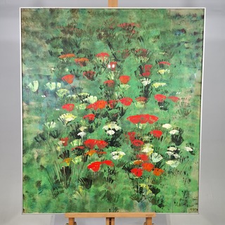 Acryl schilderij, Maya Wildevuur, Rode bloemen, 1991