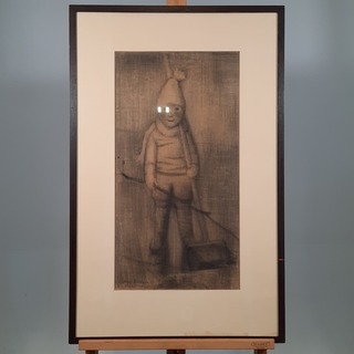 2x Houtskool tekening, R. Klein, De kleine baanveger, 1961