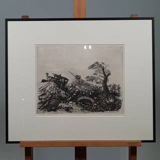 Schilderij, E. Clement, Boom + Bulldozer