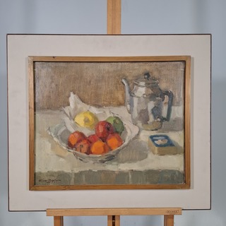 Olieverf schilderij, W.P.M.V. Dinther, Stilleven met appelen en koffie