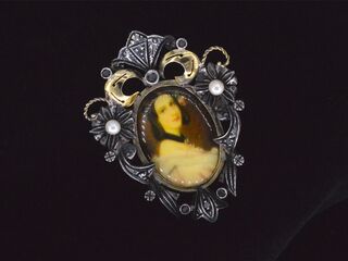 Gouden met zilveren broche met miniatuur schilderij