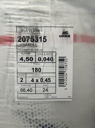 Ca. 24x Isolatierol 4000x450x180mm Rd:4,50(=1,80m²) URSA Ursaroll