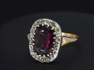 Orginele gouden art-deco ring met diamanten en rubellite