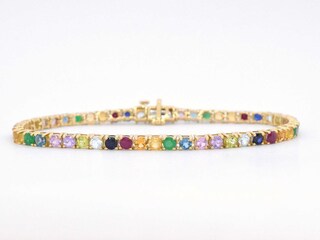 Geelgouden tennisarmband met multi colour edelstenen