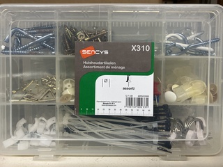 Ca. 48x Assortiment box huishoudelijke bevestigingsartikelen