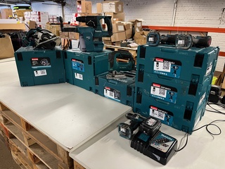 6x Bouwgereedschap, 1x 18V accu, 1x lader, M-boxen, Makita