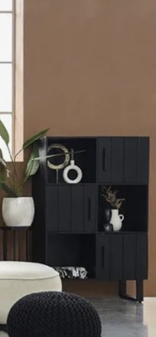 Opbergkast, zwart mangohout, zwart metalen onderstel