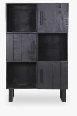 Hoge 2-deurs kast, zwart mangohout, zwart metalen onderstel