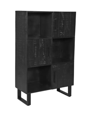 Opbergkast, zwart mangohout, zwart metalen onderstel