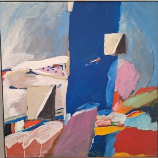 Acryl schilderij in lijst, Hans Boer, Compositie met blauwe baan