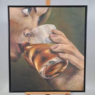 Drukwerk in lijst, Reproductie Van Ina Van Zyl, Lady taking a drink