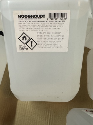 Ca. 53x Desinfectiemiddel 5 L partij, Hooghoudt, Handgel 80% Alcohol,