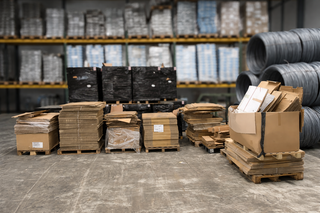 9x Pallet met verzenddozen, diverse afmetingen