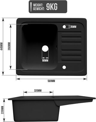Granieten spoelbak met afvoerset, kraan en omkeerbare afdruip Aqua Mar