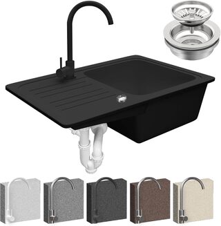 Granieten spoelbak met afvoerset, kraan en omkeerbare afdruip Aqua Mar