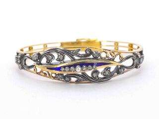 Gouden hand gemaakte armband met roos geslepen diamanten en emaille