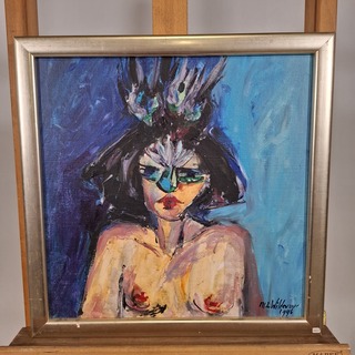 Acryl schilderij, Maya Wildevuur, Portret met masker, 1996