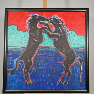 Acryl schilderij op doek, Maya Wildevuur, Vechtende paarden, 1996