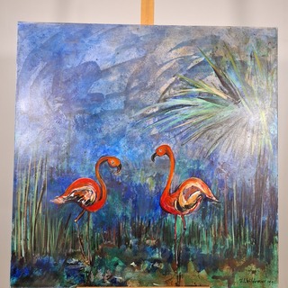 Acryl schilderij op doek, Maya Wildevuur, Flamingo’s, 1991