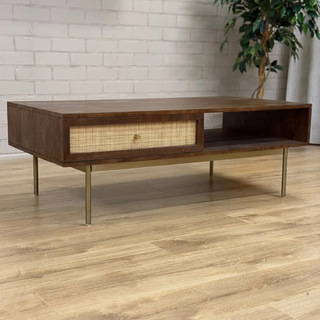 Salontafel, walnoot, mangohout + rattan