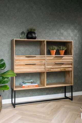 Wandkast, naturel recycled teak, zwart metalen onderstel