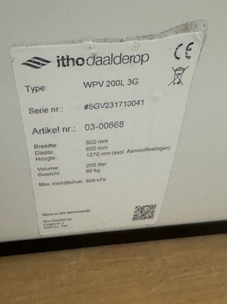 Warmtepomp voorraadvat, Itho Daalderop, WPV 200l 3G