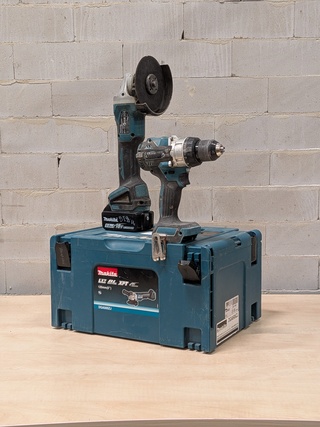 Accu haakse slijper met accu schroevendraaier, Makita DG504, Makita DH