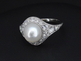 Witgouden art-deco ring met diamanten en orient parel