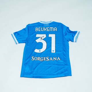 Wedstrijd gedragen Sam Beukema shirt – Napoli Armani, blauw, gesigneer