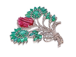 Bloem broche met natuurlijke diamanten en edelstenen