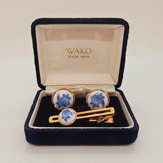 Wako Ginza Tokyo manchetknopen + tie-clip in Delfts Blauw stijl