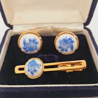 Wako Ginza Tokyo manchetknopen + tie-clip in Delfts Blauw stijl