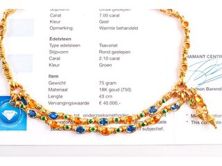 Gouden collier met saffier en tsavoriet , getax. waarde € 40.000,00