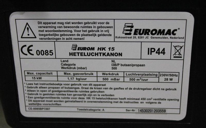Gasheater Eurom HK15, 15 KW, slang drukregelaar, »